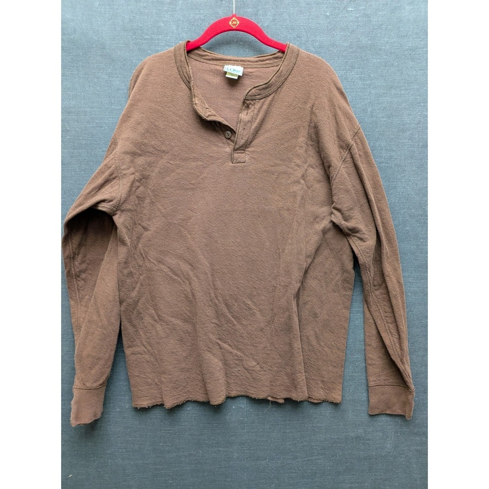 Vintage LL Bean Brown River Driver's Shirt Henley Cotton Wool Blend 2 Layer L